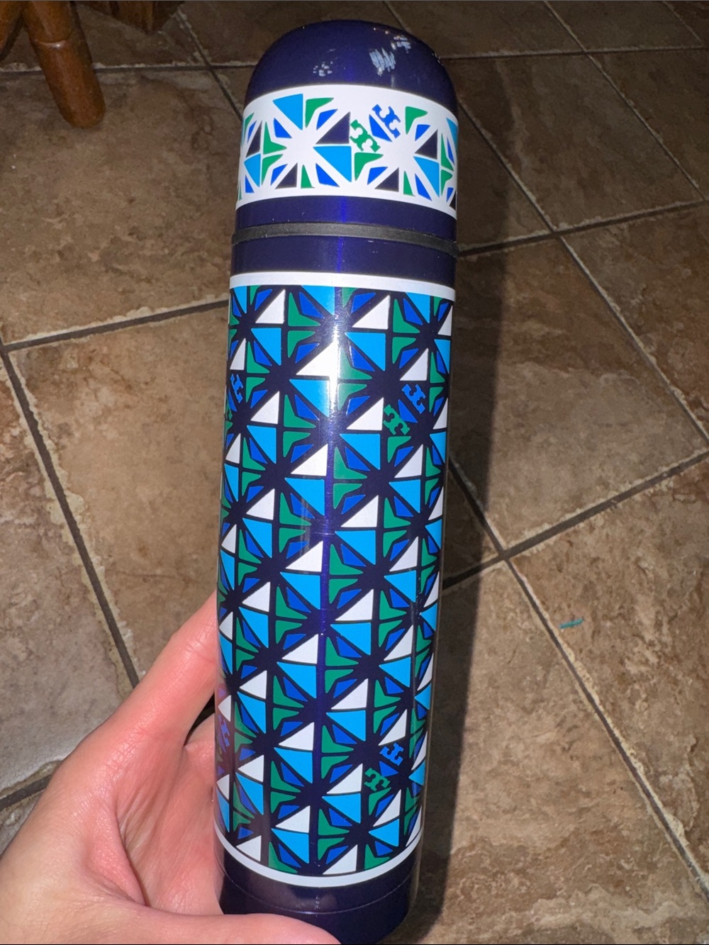 TORY BURCH designer water bottle thermos travel blue green with lid